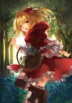  :p bad_id bad_pixiv_id basket black_cat blonde_hair boots bow cat cloak devil_maker forest frills garters green_eyes hair_bow hood hood_down hooded_cloak little_red_riding_hood little_red_riding_hood_(grimm) nature original red_skirt shiyun short_hair skirt solo thighhighs tongue tongue_out 