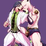  blonde_hair covering_face formal jojo_no_kimyou_na_bouken killer_queen kira_yoshikage multiple_boys necktie stand_(jojo) suit u_(lastcrime) 