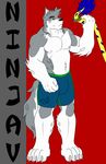  biceps black_nose brown_eyes bulge canine claws clothing fur grey_fur grin hunter hunterramirez male mammal muscles nipples pecs pose shorts smile solo standing strypes toe_claws topless tuft white_fur wolf 