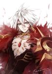  armor blue_eyes cape collar eyeliner fate/apocrypha fate_(series) fur_trim jewelry karna_(fate) makeup male_focus pale_skin single_earring solo white_hair zaphylla 