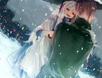  1girl brown_hair dress hand_on_another's_cheek hand_on_another's_face holding holding_umbrella kagerou_project kozakura_marry long_hair outdoors ponko_(popopoponko) red_eyes seto_kousuke shared_umbrella short_hair silver_hair smile snow snowing umbrella 