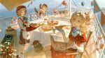  1boy 2girls apple_(reverse:1999) balloon blonde_hair blue_eyes bob_cut carbuncle_(reverse:1999) cheese_trail creature cruise_ship dress ezra_theodore food gloves highres holding holding_food holding_pizza lifebuoy looking_at_viewer matilda_bouanich multiple_girls mushroom_hat noland official_art open_mouth outdoors pizza pizza_hut pizza_slice polka_dot polka_dot_dress railing red_dress regulus_(reverse:1999) reverse:1999 shirt short_sleeves smile string_of_flags swim_ring wooden_floor 