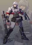  1boy arm_cannon black_footwear black_gloves clenched_hands d-16 d-16_(transformers_one) fusion_cannon gloves grey_hair highres humanization kurosaki_sasori personification transformers transformers_one weapon yellow_eyes 