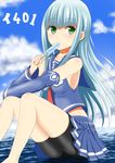  aoki_hagane_no_arpeggio bike_shorts blue_eyes blue_hair blue_sky blush cloud day detached_sleeves food green_eyes highres iona ju_(old505) long_hair ocean personification popsicle shorts shorts_under_skirt silver_hair skirt sky solo water 