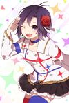  ;d black_eyes black_hair blue_legwear costume flower hair_ornament highres idolmaster idolmaster_(classic) idolmaster_movie kikuchi_makoto mismatched_legwear one_eye_closed open_mouth red_legwear salute short_hair smile solo starpiece_memories tama_(songe) 