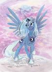  blue_eyes blue_hair crown cutie_mark equine female feral friendship_is_magic hair horn horse imanika looking_up mammal moon my_little_pony necklace pony princess_luna_(mlp) solo standing winged_unicorn wings 