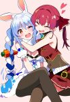  2girls :d :o absurdres animal_ear_fluff animal_ears blue_hair blue_ribbon blush_stickers braid breasts carrot_hair_ornament covered_navel detached_sleeves dot_nose dress feet_out_of_frame food-themed_hair_ornament hair_intakes hair_ornament heart highres hololive houshou_marine houshou_marine_(1st_costume) hug hutaba_haru long_hair medium_breasts miniskirt multicolored_hair multiple_girls pink_background pleated_skirt rabbit_ears rabbit_girl red_hair red_shirt red_skirt ribbon shirt short_sleeves simple_background sitting skirt small_breasts smile usada_pekora usada_pekora_(1st_costume) very_long_hair virtual_youtuber white_dress white_hair wispy_bangs 