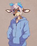  ambiguous_gender anthro antlers blue_eyes cervine deer ear_piercing hoodie horn mammal piercing solo uni 