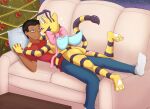 3_toes antennae_(anatomy) anthro arthropod bee black_hair black_nose black_stripes blue_bottomwear blue_clothing blue_jeans blue_pants blue_wings bottomwear bow_collar bow_ribbon bow_scarf brown_eyes cartoon_eyes cat-bee_(poppy_playtime) champion_(the_succubus_hunt) chest_tuft christmas christmas_tree clothing cuddling denim denim_bottomwear denim_clothing digital_media_(artwork) domestic_cat duo eyewear feet felid feline felis female footwear frezezyk fur glasses gold_ear_ring hair hi_res holidays human human_on_anthro_romance hybrid hymenopteran insect jeans larger_male male male/female mammal meri_(cat-bee_form) meri_(the_succubus_hunt) mob_entertainment ornament pants pawpads pink_ribbon plant poppy_playtime purple_eyes red_clothing red_shirt red_topwear shirt short_stack size_difference smaller_anthro smaller_female socks spade_tail stinger_tail stripes succubus tail tail_coil tail_hug the_succubus_hunt toes toonkind toony topwear tree tuft white_clothing white_footwear white_pawpads white_socks wings yellow_body yellow_fur