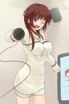  amagami blush breasts brown_eyes brown_hair dress ganganganso highres karaoke large_breasts long_hair looking_at_viewer microphone official_style one_eye_closed open_mouth parody sakurai_rihoko simple_background solo speaker style_parody sweater sweater_dress takayama_kisai_(style) 