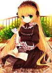  black_dress blonde_hair book bush chin_strap dress frilled_sleeves frills gosick gothic_lolita green_eyes hairband lolita_fashion lolita_hairband long_hair moseley open_book pipe sitting solo victorica_de_blois 