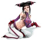  black_hair bracelet gloves han_juri jewelry licking_lips looking_at_viewer purple_eyes short_hair solo spiked_bracelet spikes street_fighter tetsuko_(jukai) tongue tongue_out twintails 