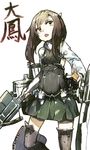  benitama bike_shorts bow_(weapon) brown_eyes brown_hair character_name crossbow flat_chest headband headgear kantai_collection open_mouth pleated_skirt short_hair skirt solo taihou_(kantai_collection) weapon 