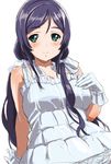  blush breasts dress gloves green_eyes hair_over_shoulder large_breasts long_hair love_live! love_live!_school_idol_project purple_hair solo tetsujin_momoko toujou_nozomi twintails 
