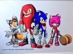  3boys amy_rose bandages concept_art fox_tail goggles goggles_on_head green_eyes knuckles_the_echidna mallet multiple_boys multiple_tails official_art photo pink_hair scarf sega shoes sonic sonic_boom_(game) sonic_the_hedgehog tail tails_(sonic) 
