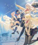  4girls aschenputtel_(wonderland_wars) bag black_hair black_thighhighs blonde_hair blue_sailor_collar braid briefcase cendrillion_(wonderland_wars) character_request check_copyright commentary_request company_connection contemporary copyright_request crossover eiketsu_taisen floating food_in_mouth glasses hair_ribbon highres holding holding_bag kneehighs loafers long_hair maeshima_shigeki multiple_girls neckerchief official_art plaid_clothes plaid_skirt pleated_skirt pointing reading red_neckerchief ribbon sailor_collar school_briefcase school_uniform serafuku shoes sidelocks skirt socks thighhighs white_hair wonderland_wars 