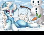  blue_eyes carrot cloud cutie_mark elsa_(frozen) equine female friendship_is_magic frozen_(movie) glowing hair hooves horn horse levitation magic mammal my_little_pony outside ponification pony queen_elsa_(frozen) rainbowscreen sky snow snowman tongue tongue_out unicorn white_hair 