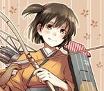  archery arrow blush bow_(weapon) brown_eyes brown_hair closed_mouth flight_deck gloves hiryuu_(kantai_collection) japanese_clothes kantai_collection kyuudou lowres one_side_up partly_fingerless_gloves quiver ribbon short_hair single_glove skirt smile solo tokihiko upper_body weapon yugake 