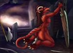  anthro breasts brown_hair butt claws digitigrade dragon female hair hindpaw horn insertion kneeling long_hair masturbation merrunz nude pawpads paws penetration red_sckin red_skin soles solo stripes sword toe_claws toes vaginal vaginal_insertion vaginal_penetration weapon 