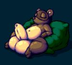 2018 amphlow animal_crossing balls big_balls big_penis brown_body canid canine cream_belly cushion digital_media_(artwork) eyes_closed feet flygon_(artist) foot_on_balls foreskin genitals green_pillow half-erect huge_balls huge_penis hyper hyper_balls hyper_genitalia hyper_penis laying_on_pillow male mammal navel nintendo penis pillow pixel_(artwork) raccoon_dog solo spread_legs spreading tanuki tom_nook_(animal_crossing)