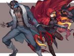  1boy 1girl abs animal_ears animal_feet arm_wrap belt blood blood_on_clothes blood_on_face blood_on_weapon blue_fire breasts brown_belt brown_jacket cape capelet claws coat cobalt_scar_(e.g.o) crimson_scar_(e.g.o) dark-skinned_male dark_skin e.g.o_(project_moon) fire flaming_eye full_body grey_coat gun heathcliff_(project_moon) holding holding_gun holding_sickle holding_weapon hood hooded_cape hooded_capelet ishmael_(project_moon) jacket large_breasts leg_wrap limbus_company looking_at_viewer open_clothes open_coat open_jacket open_shirt project_moon red_cape red_capelet rmenssari skin_tight tail weapon wolf_boy wolf_ears wolf_tail 