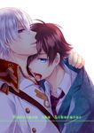  backlighting blood blood_in_mouth blue_eyes brown_hair copyright_name hatsumi_(mdr323) kakumeiki_valvrave l-elf male_focus military military_uniform multiple_boys open_mouth purple_eyes school_uniform silver_hair tokishima_haruto uniform 