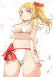  ayase_eli bikini blonde_hair blue_eyes bow breasts hair_ribbon highres jonsun large_breasts long_hair love_live! love_live!_school_idol_project ponytail ribbon solo string_bikini swimsuit white_bikini 