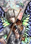 absurdres antennae bow_(instrument) butterfly_wings clone green_eyes grey_hair half-closed_eyes highres hunter_x_hunter instrument long_sleeves male_focus miniboy multiple_persona music playing_instrument shaiapouf signature sparkle takumi_(marlboro) violin wings 