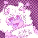 2023 4_fingers ambiguous_gender animal_humanoid antennae_(anatomy) artist_name blush blush_lines cat_humanoid checkered checkered_background colored drawing_(object) eyebrows eyewear felid felid_humanoid feline feline_humanoid fingers fluffy fluffy_hair glasses glistening glistening_eyes hair halftone happy headpat heart_antennae hi_res holding_drawing human humanoid humanoid_focus mammal mammal_humanoid pattern_background pedrodesenhador pink_antennae pink_body pink_ears pink_skin pointy_ears prick_ears purple_blush purple_eyes purple_heart purple_mouth purple_tongue restricted_palette round_glasses simple_background sketchbook solo solo_focus tongue watermark white_eyebrows white_hair