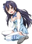  bare_shoulders blue_hair blush boots brown_eyes dress embarrassed long_hair looking_at_viewer love_live! love_live!_school_idol_project open_mouth solo sonoda_umi start:dash!! tetsujin_momoko thighhighs 