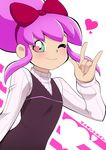  \m/ battle_spirits battle_spirits:_shounen_toppa_bashin blush bow casual green_eyes hair_bow heart heart_in_eye my_sunshine one_eye_closed pink_hair sagamimok smile solo symbol_in_eye 