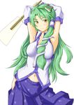  arms_behind_head breasts commentary_request detached_sleeves frog_hair_ornament gohei green_hair hair_ornament hair_tubes highres kochiya_sanae large_breasts long_hair looking_at_viewer midriff navel rabinidaddo skirt snake_hair_ornament solo touhou white_background yellow_eyes 
