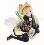  1girl aqua_eyes beret black_thighhighs blonde_hair capelet dress fur-trimmed_capelet fur-trimmed_dress fur_trim green_dress green_hat hair_between_eyes hat holding loafers long_hair looking_at_viewer maeshima_shigeki necktie official_art parted_lips rin_(wonderland_wars) shoes simple_background sitting solo thighhighs wariza white_background wonderland_wars 