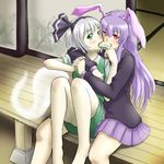  animal_ears arm_around_neck bad_anatomy bangs barefoot blazer blush bunny_ears commentary_request food fusuma green_eyes hair_between_eyes hairband highres holding holding_hands interlocked_fingers jacket konpaku_youmu konpaku_youmu_(ghost) lavender_hair long_hair long_legs long_sleeves looking_at_viewer macaron miniskirt multiple_girls necktie outdoors pleated_skirt porch rabinidaddo red_eyes reisen_udongein_inaba shared_food short_hair short_sleeves silver_hair sitting sitting_on_lap sitting_on_person sketch skirt sliding_doors tatami touhou yuri 