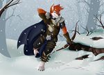  armor arrow black_nose blue_eyes bow_(weapon) canine cloak fangs fox fur kael_tiger male mammal orange_fur ranged_weapon snow snowing solo weapon 