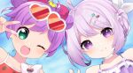  2girls :d ahoge bare_shoulders bikini blue_sky blush bow choker commission cropped_shoulders crossover dot_nose double_bun eversoul eyewear_on_head food_print frilled_bikini frills green_eyes hair_between_eyes hair_bow hair_bun hair_ornament hairclip heart heart-shaped_eyewear looking_at_viewer manaka_laala manaka_laala_(normal) multiple_girls official_alternate_costume official_alternate_hairstyle one_eye_closed petra_(eversoul) pink_bow pink_pupils pretty_series pripara purple_bikini purple_eyes purple_hair red_bikini ribbon sen1986 short_hair skeb_commission sky smile sunglasses swimsuit v v_over_eye white_bow white_choker white_ribbon 