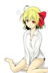  bare_legs barefoot blonde_hair blush bottomless bow dress_shirt hair_bow highres looking_at_viewer no_pants red_eyes rumia s-ghost shirt short_hair simple_background sitting sleepy solo touhou wariza white_background white_shirt 