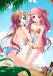 :o ahoge ass_visible_through_thighs assisted_exposure back bare_back barefoot beach bikini bikini_top_removed blue_bikini blue_eyes blurry blush brown_hair cloud day depth_of_field front-tie_top groin kneeling kuune_rin long_hair looking_at_viewer looking_back multiple_girls navel original outdoors pink_eyes pink_hair red_bikini side-tie_bikini sky swimsuit topless tree_shade twintails two_side_up 