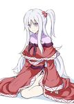  dress hair_bobbles hair_ornament kenuu_(kenny) light_smile long_hair looking_at_viewer one_side_up purple_eyes red_dress sash shinki side_slit silver_hair simple_background sitting solo touhou touhou_(pc-98) turtleneck very_long_hair wariza white_background 