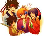  3boys brown_hair flower hair_flower hair_ornament headband himura_kenshin japanese_clothes kamiya_kaoru kimono long_hair multiple_boys myoujin_yahiko orange_hair ponytail purple_eyes red_eyes rurouni_kenshin sagara_sanosuke scar shinai smile spiked_hair sword tsubuta_hiro weapon white_background yukata 