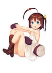  ahoge ass bare_shoulders black_legwear blue_eyes blush brown_hair cat character_request copyright_request dress flat_chest hair_ribbon looking_at_viewer open_mouth ribbon short_hair side_ponytail simple_background sitting socks solo tsliuyixin white_background white_dress 