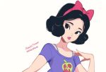  1girl alternate_costume apple black_hair bow casual food fruit hair_bow looking_at_viewer natsuki_nori red_bow shirt short_hair short_sleeves smile snow_white snow_white_(disney) snow_white_and_the_seven_dwarfs solo upper_body 