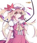  alternate_hair_length alternate_hairstyle arm_garter ascot bad_id bad_pixiv_id blonde_hair bow dress flandre_scarlet hat hat_bow long_hair older puffy_short_sleeves puffy_sleeves red_dress red_eyes satou_(3366_s) short_sleeves side_ponytail smile solo teenage touhou white_background wings wrist_cuffs 