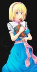  alice_margatroid belt black_background blonde_hair blue_eyes blush book dress frills grimoire grimoire_of_alice hairband highres holding holding_book looking_at_viewer nokishita_kumoemon puffy_short_sleeves puffy_sleeves puppet_rings puppet_strings short_hair short_sleeves simple_background smile solo standing tareme touhou 