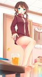  :d bare_legs barefoot blue_eyes brown_hair clothes_hanger door glass goma_(11zihisin) highres indoors jacket leg_up long_sleeves naked_track_jacket no_pants open_mouth original school_uniform smile soles solo standing toes track_jacket twintails zipper 