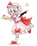  bat_wings blue_hair cherry dress fang flapping food fruit hat hat_ribbon looking_at_viewer maru_usagi mob_cap open_mouth pink_dress plate pudding puffy_sleeves red_eyes remilia_scarlet ribbon sash short_sleeves simple_background smile solo star touhou whipped_cream white_background wings 