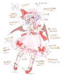  bat_wings blue_hair dress fang hat hat_ribbon looking_at_viewer maru_usagi mob_cap open_mouth partially_translated pink_dress puffy_sleeves red_eyes remilia_scarlet ribbon sash short_sleeves simple_background smile solo touhou translation_request white_background wings 