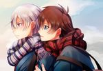  bag blue_eyes blush hug hug_from_behind kakumeiki_valvrave l-elf male_focus multiple_boys open_mouth purple_eyes sana423 scarf school_uniform silver_hair sky smile striped striped_scarf tokishima_haruto uniform 