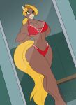 2025 anthro big_breasts blonde_hair bra breasts brown_body brown_fur clothing collarbone equid equine eyebrows eyelashes female flat_colors fur green_eyes hair hi_res horse locker_room mammal mirror panties red_bra red_clothing red_panties red_underwear solo thick_thighs toughset underwear wide_hips