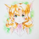  animal_ears bangs blonde_hair bow bowtie cat_ears closed_mouth copyright_request green_eyes highres looking_at_viewer peachpii pink_neckwear portrait short_hair smile solo symbol_commentary 